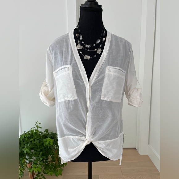 BCBGMAXAZRIA Semra Sheer Button Front Blouse V Neck Twist Detail Feminine Chic - Picture 4 of 16